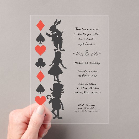 CLEAR Alice in Wonderland Cards Tea Party Birthday Acryleinladungen (Insitu (Handheld))