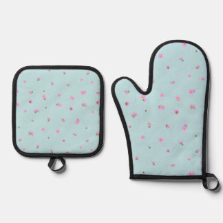 Clear Aqua Light Pink Cosmos Floral Pattern Ofenhandschuh & Topflappen-Set