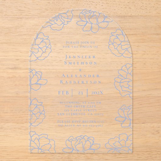 Clear Blue Botanical Wedding Akryllic Einladung (Vorderseite)