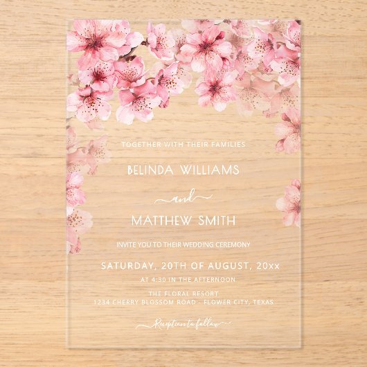 Clear Cherry Blossom Wedding Acryleinladungen (Vorderseite)