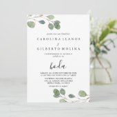Clear Greenery Botanical Eucalyptus Boda Wedding Einladung (Stehend Vorderseite)