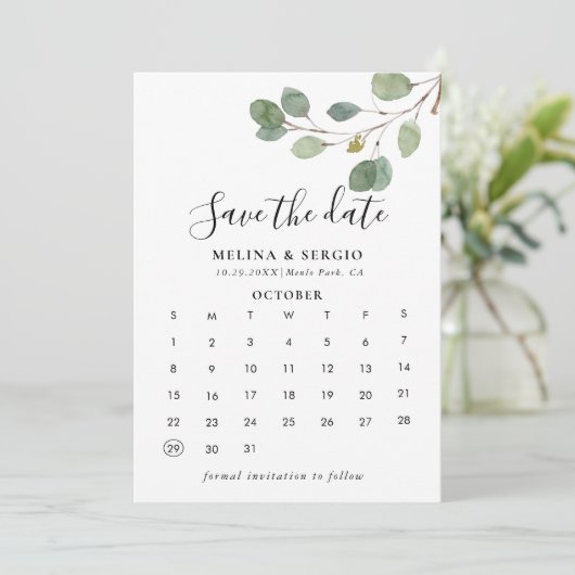 Clear Greenery Botanical Save the Date Calendar (Stehend Vorderseite)