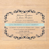 CLEAR Navy Elegant Victorian Filigree Wedding Acryleinladungen (Vorderseite)