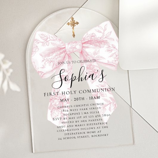 CLEAR Pink Toile Bow Girl First Communion Arch Acryleinladungen