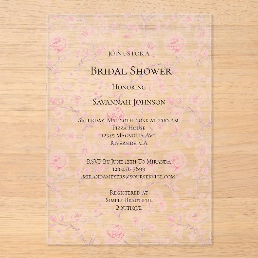 Clear Pretty Pink Roses Floral Bridal Shower Acryleinladungen (Vorderseite)