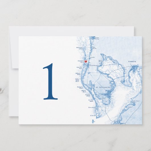 Clearwater Beach FL Map Blue Wedding Tischnummern (Vorderseite)