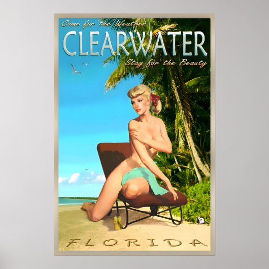 Clearwater Beach Florida Retro-Reiseplakat Pin Poster (Vorne)