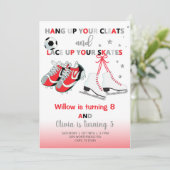 Cleats und Skate Mädchen Geschwister Geburtstag ei Einladung (Stehend Vorderseite)