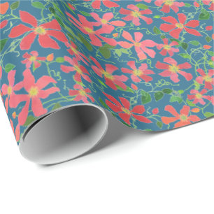 Clematika Rosa, Rot, Orangefarbene Blüte auf Deep Geschenkpapier