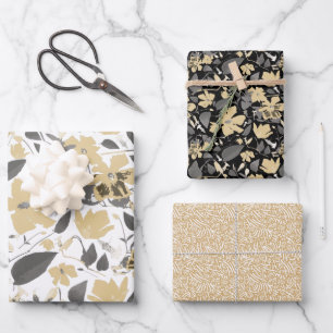 Clematis-Aquarell Gold-Grau-Schwarzes Blumenmuster Geschenkpapier Set