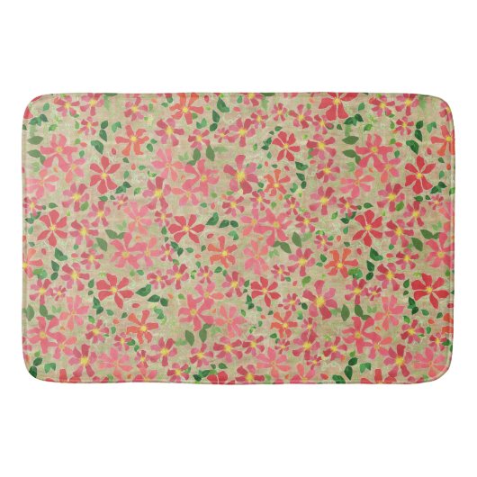 Clematis Rosa, Rot, Orangefarbenes Muster auf Taup Badematte (Vorderseite)