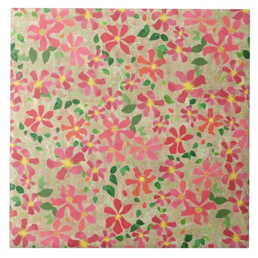 Clematis Rosa, Rot, Orangefarbenes Muster auf Taup Fliese (Vorderseite)