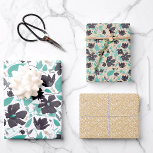 Clematis-Wasserfarbe Teal Grau Floral Geschenkpapier Set