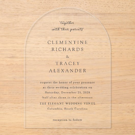 Clementine Elegant Moderne Hochzeit Acryleinladungen (Vorderseite)