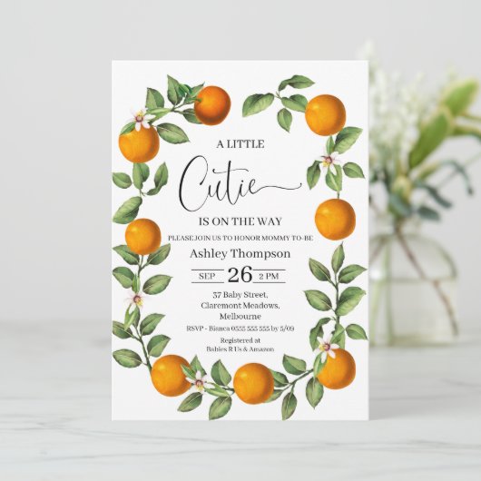 Clementine Orangen Wreath Kleine Süsse Babydusche Einladung (Stehend Vorderseite)