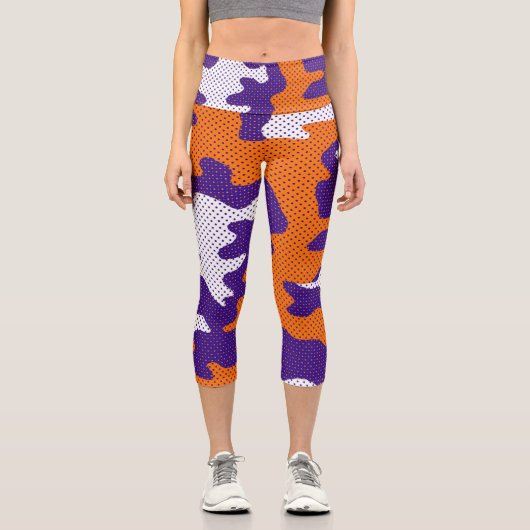 Clemson-Inspired Orange & Purple Tiger Camo Capri Leggings (Vorderseite)