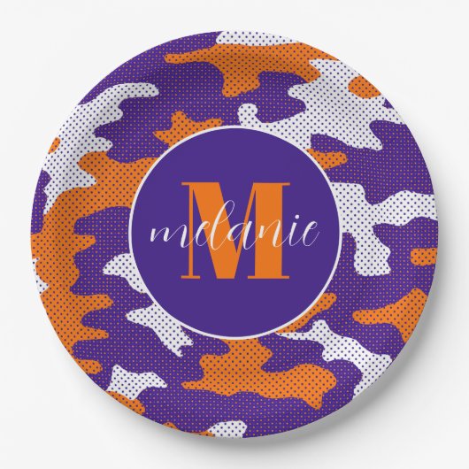 Clemson-Inspired Orange & Purple Tiger Camo Pappteller (Vorderseite)