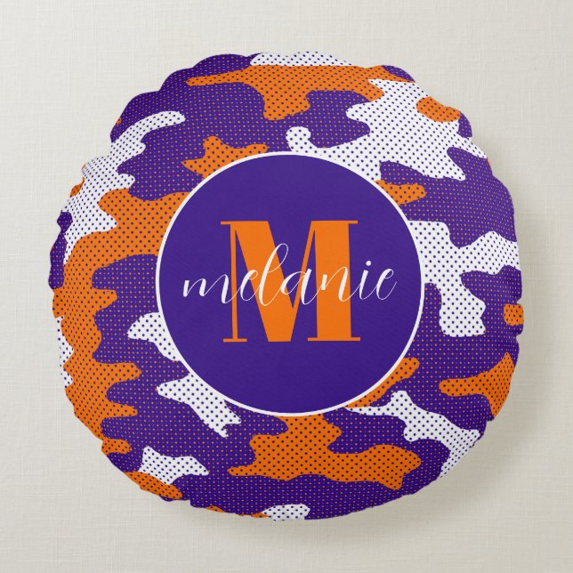 Clemson-Inspired Orange & Purple Tiger Camo Rundes Kissen (Vorderseite)