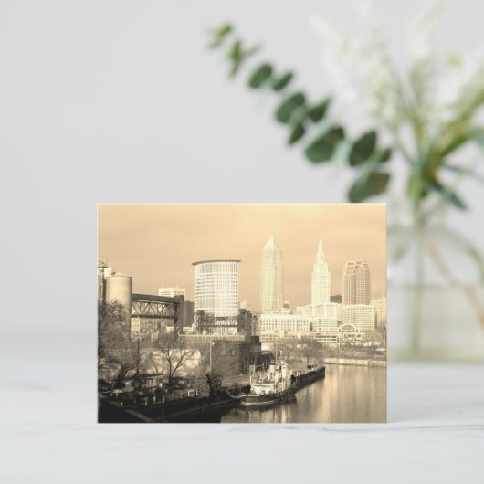Cleveland, OH Sepia River View Postkarte (Stehend Vorderseite)