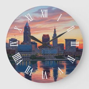 Cleveland Ohio Skyline Sonnenuntergang Große Wanduhr