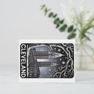 Cleveland Ohio Skyline Winter Holzschnitt Schwarz& Postkarte