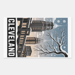 Cleveland Ohio Skyline Winter Holzschnitt Schwarz& Rechteckiger Aufkleber