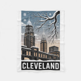 Cleveland Ohio Skyline Winter Woodcut Black&White Fleecedecke