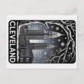 Cleveland Ohio Skyline Winter Woodcut Black&White Postkarte (Vorderseite)