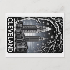 Cleveland Ohio Skyline Winter Woodcut Black&White Postkarte
