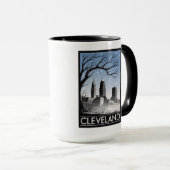Cleveland Ohio Skyline Winter Woodcut Black&White Tasse (VorderseiteRechts)