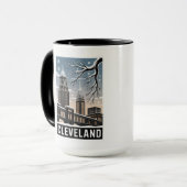 Cleveland Ohio Skyline Winter Woodcut Black&White Tasse (Vorderseite Links)