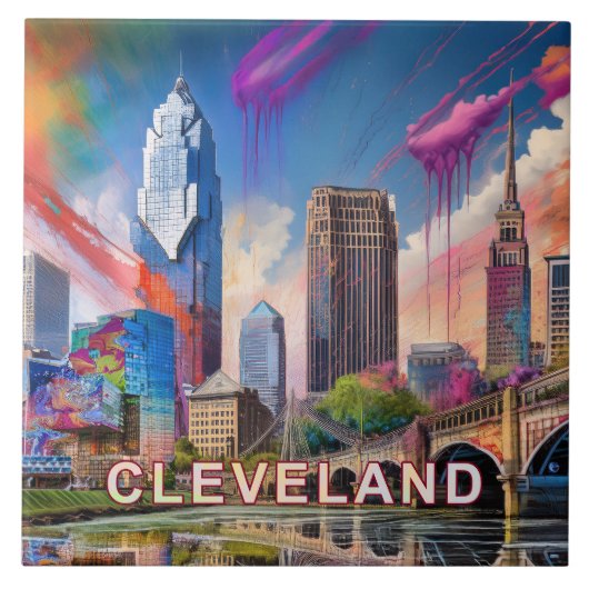 Cleveland Skyline Kunst Fliese (Vorderseite)