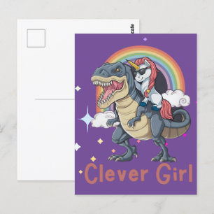 Clever Girl- Einhorn reitendes Dinosaurier Edition Postkarte