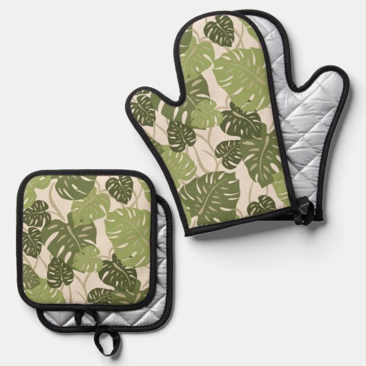 Cliff Hanger Hawaiian Monstera Leaf Green Ofenhandschuh & Topflappen-Set (Vorderseite/Rückseite)