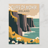 Cliffs of Moher Ireland Floral Travel Art Vintag
