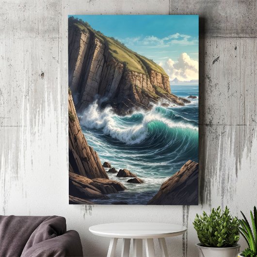 Cliffside Brown Blue Ocean Waves Seaside Poster