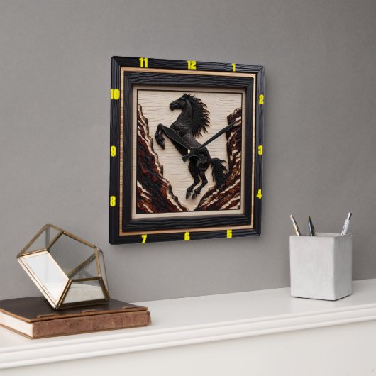 Cliffside Majesty: Charred Wood Mustang Quadratische Wanduhr (Büro)