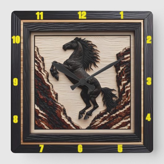 Cliffside Majesty: Charred Wood Mustang Quadratische Wanduhr (Vorderseite)