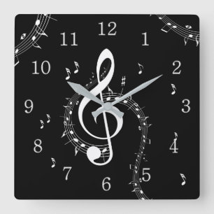 Climactic G Clef White Music on Black Quadratische Wanduhr