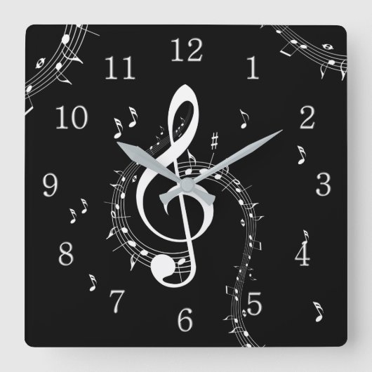 Climactic G Clef White Music on Black Quadratische Wanduhr (Vorderseite)