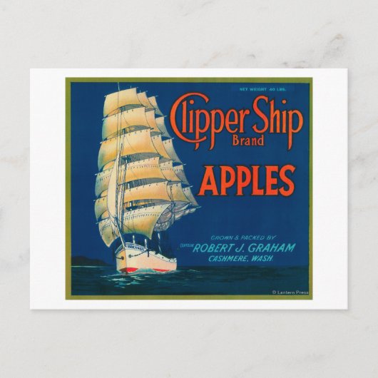 Clipper Ship Apple Label (grün) - Cashmere, WA Postkarte (Vorderseite)