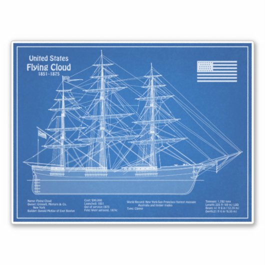 Clipper Ship Flying Cloud - Blueprint ABD Aufkleber (Vorderseite)