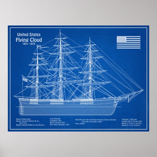 Clipper Ship Flying Cloud - Blueprint ABD Poster (Vorne)