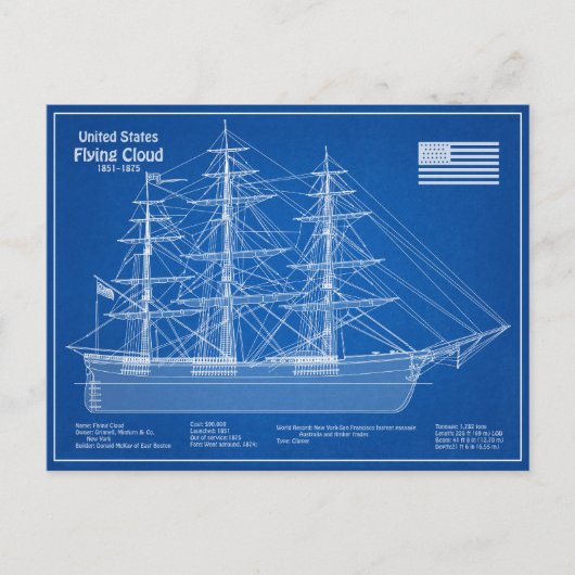 Clipper Ship Flying Cloud - Blueprint ABD Postkarte (Vorderseite)