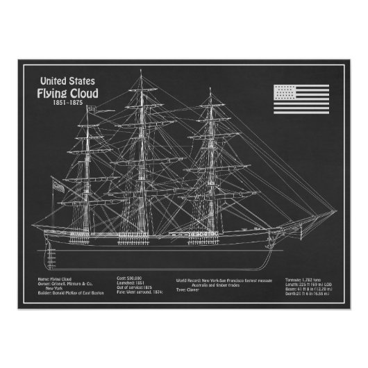 Clipper Ship Flying Cloud - Blueprint PD Fotodruck (Vorne)
