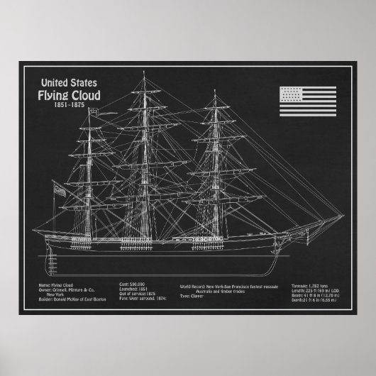 Clipper Ship Flying Cloud - Blueprint PD Poster (Vorne)