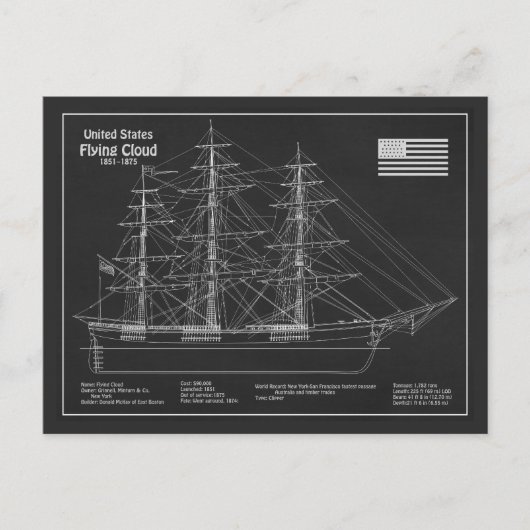 Clipper Ship Flying Cloud - Blueprint PD Postkarte (Vorderseite)