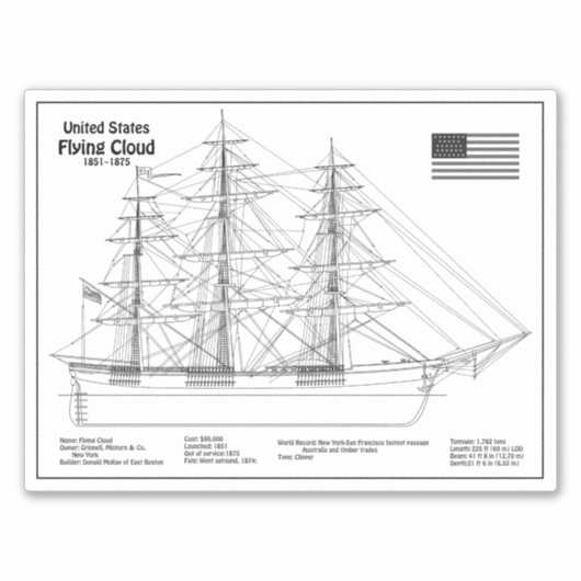 Clipper Ship Flying Cloud - Ship Blueprint BD Aufkleber (Vorderseite)