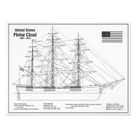 Clipper Ship Flying Cloud - Ship Blueprint BD Fotodruck (Vorne)
