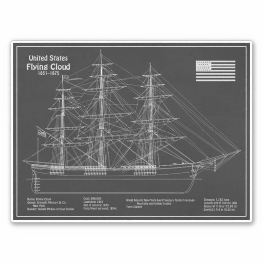 Clipper Ship Flying Cloud - Ship Blueprint PD Aufkleber (Vorderseite)